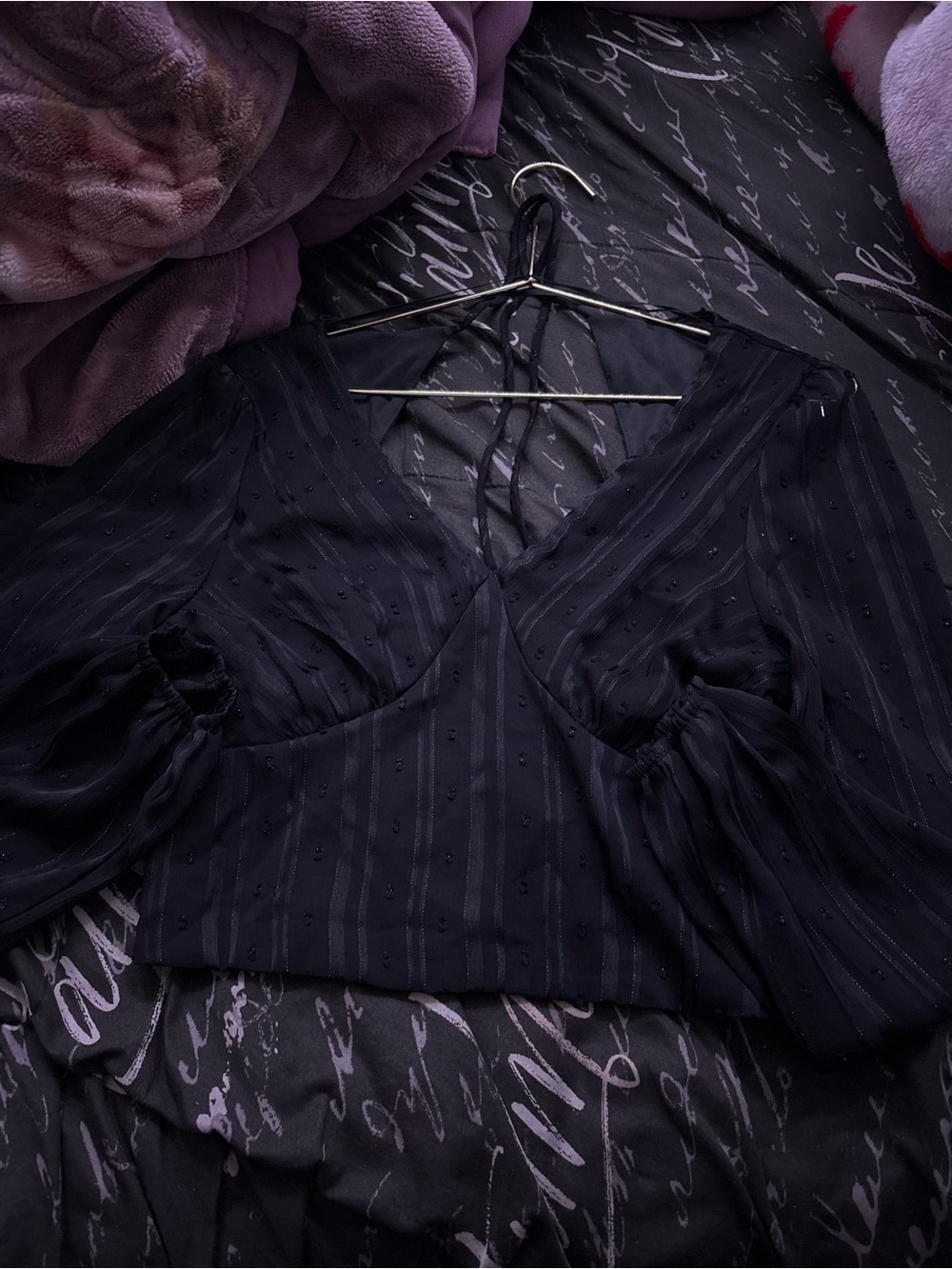 Black V-Neck Sheer Puff Sleeve Women's Top